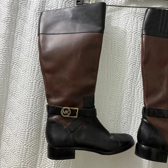 Michael Kors Riding Boots Leather Block Heel Knee High Brown Black Size 8.5M - Picture 4 of 12